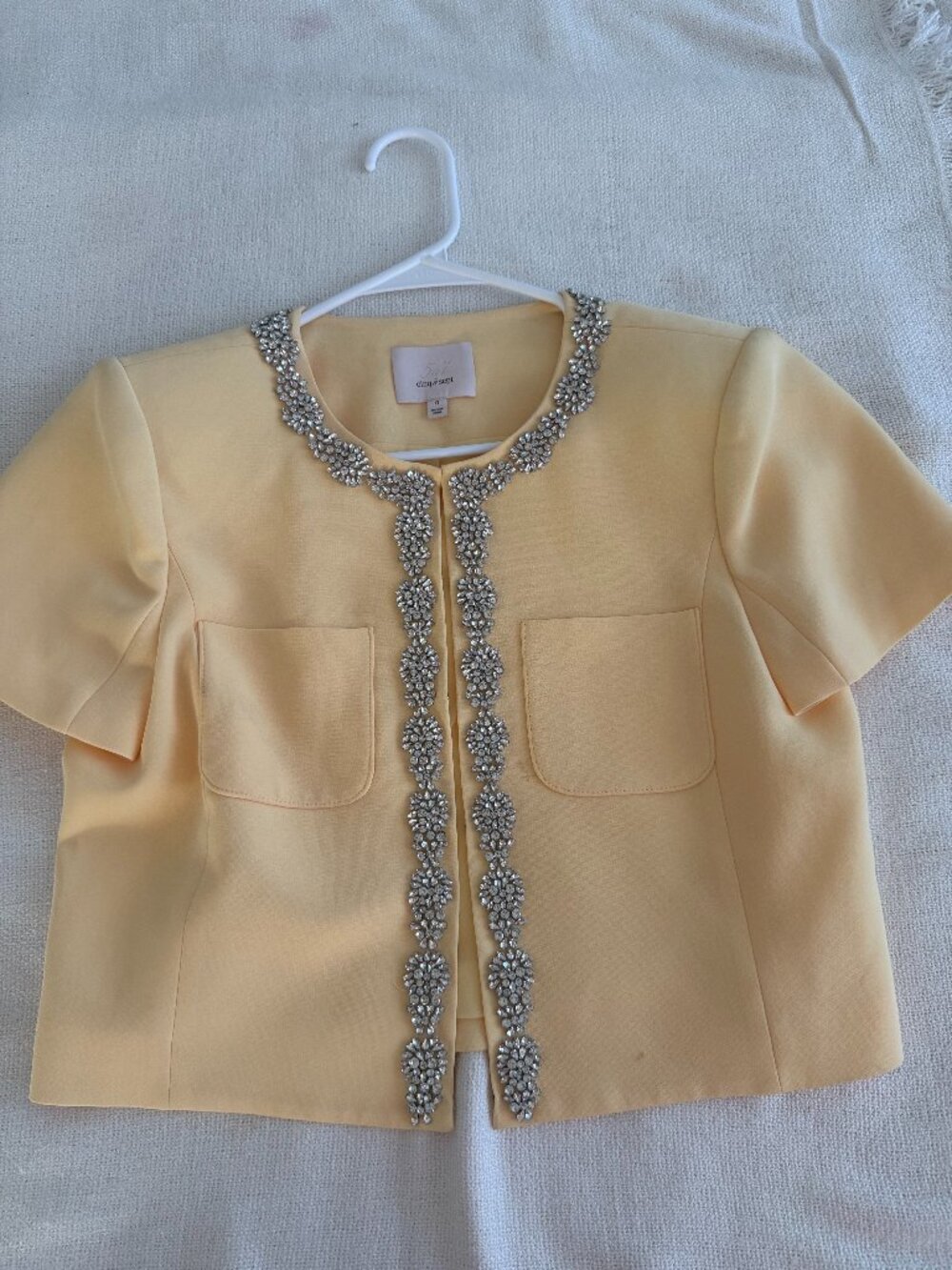 Cinq à Sept Embellished Crystal Trim Cropped Jacket Blazer Yellow Size 0